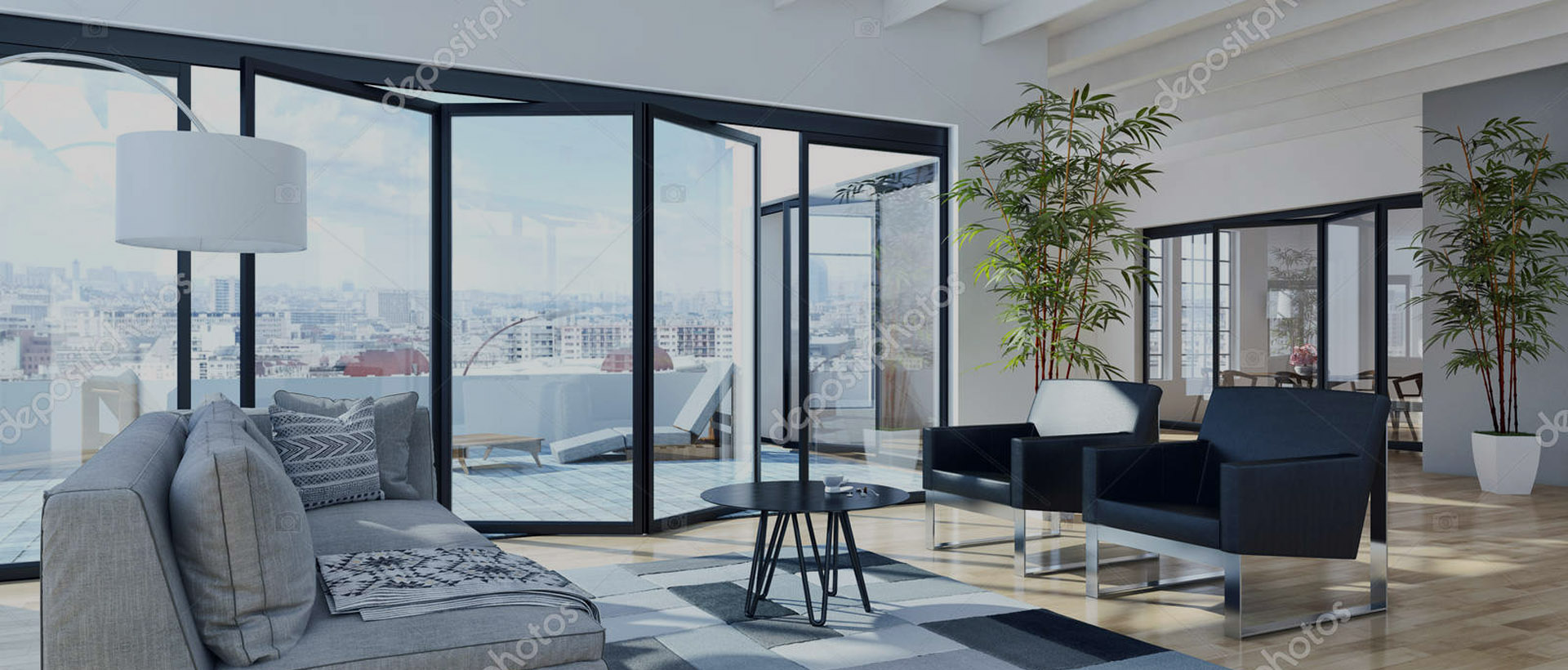 Modern bright interiors. 3D rendering illustration