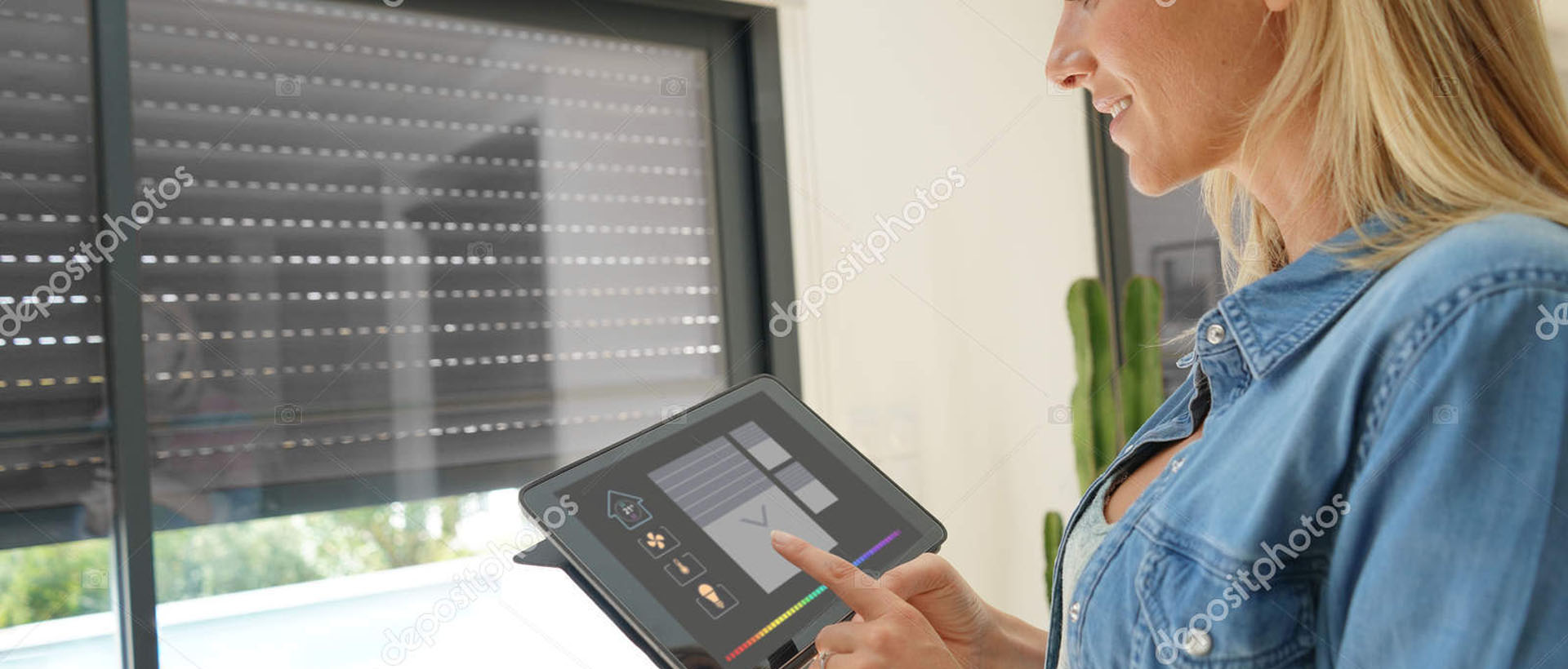 Woman at home using smart screen, automation domestic system